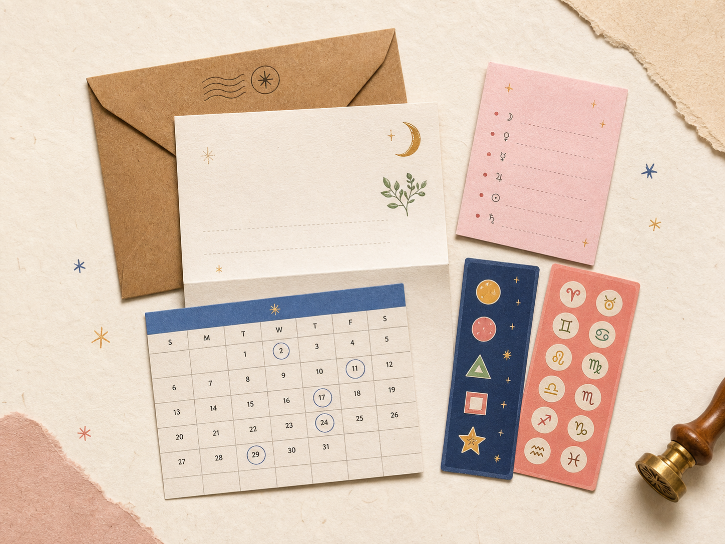 A StarPost envelope, planetary letter, key dates card, monthly calendar and two astrology sticker sheets